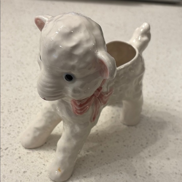 Vintage Ceramic Lamb Planter Pink Bow, Mid Century, Nursery Baby Decor - Picture 1 of 8